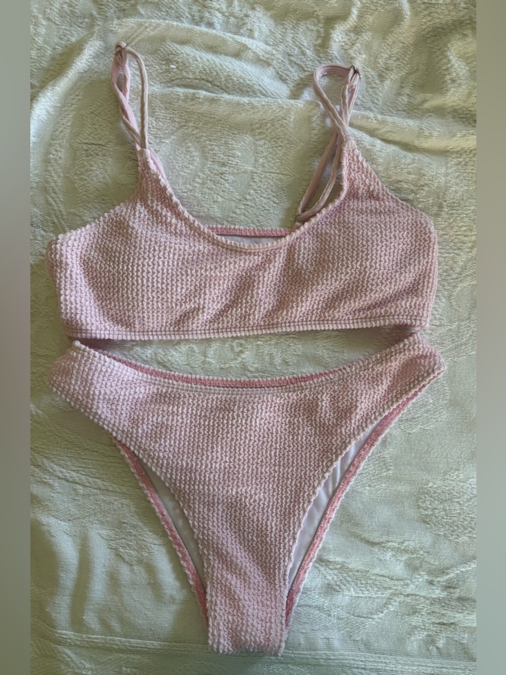 SHEIN Medium Pink Bikini Textured Ribbed Low Rise High Leg Tank Style Top